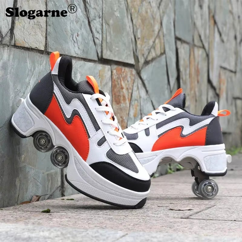 Boy Four Wheels Skate Shoes Double Rows Roller Men Inline Skates Walking Casual Sports Sneakers Kids' Deformation Roller Skates