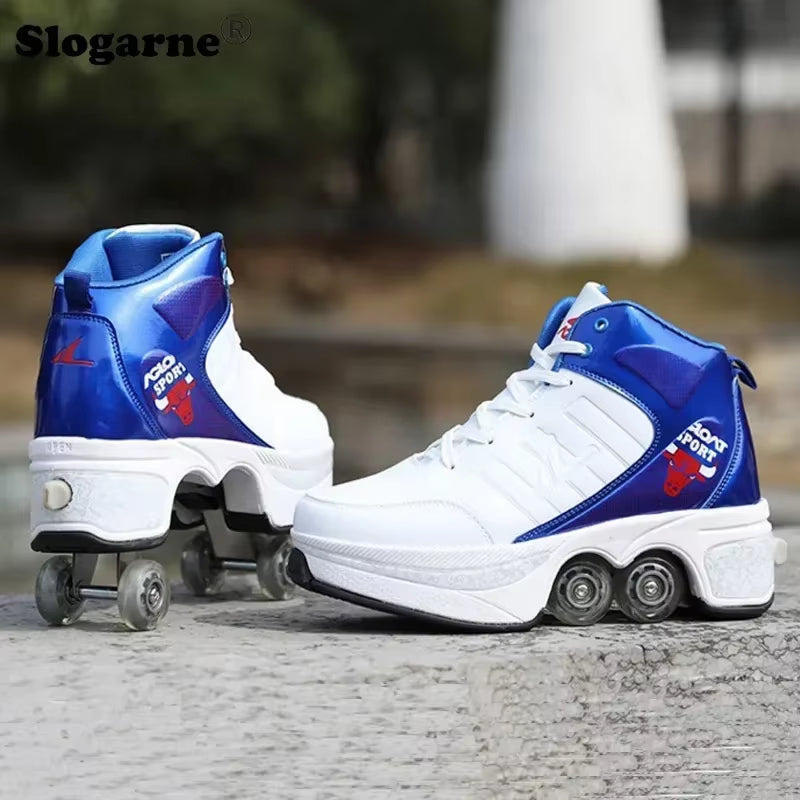 Boy Four Wheels Skate Shoes Double Rows Roller Men Inline Skates Walking Casual Sports Sneakers Kids' Deformation Roller Skates