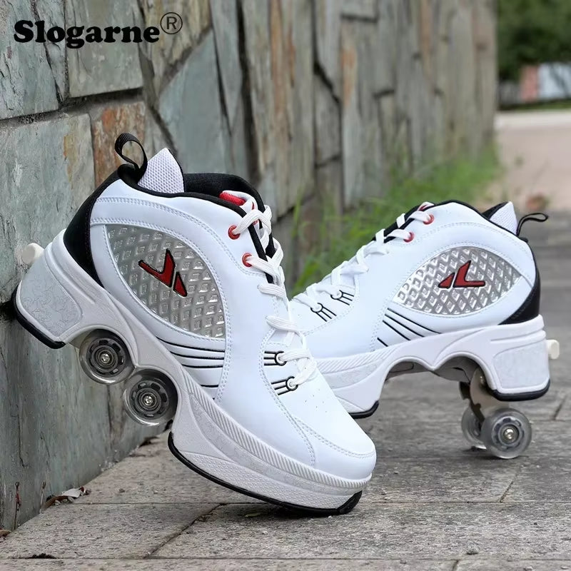 Boy Four Wheels Skate Shoes Double Rows Roller Men Inline Skates Walking Casual Sports Sneakers Kids' Deformation Roller Skates