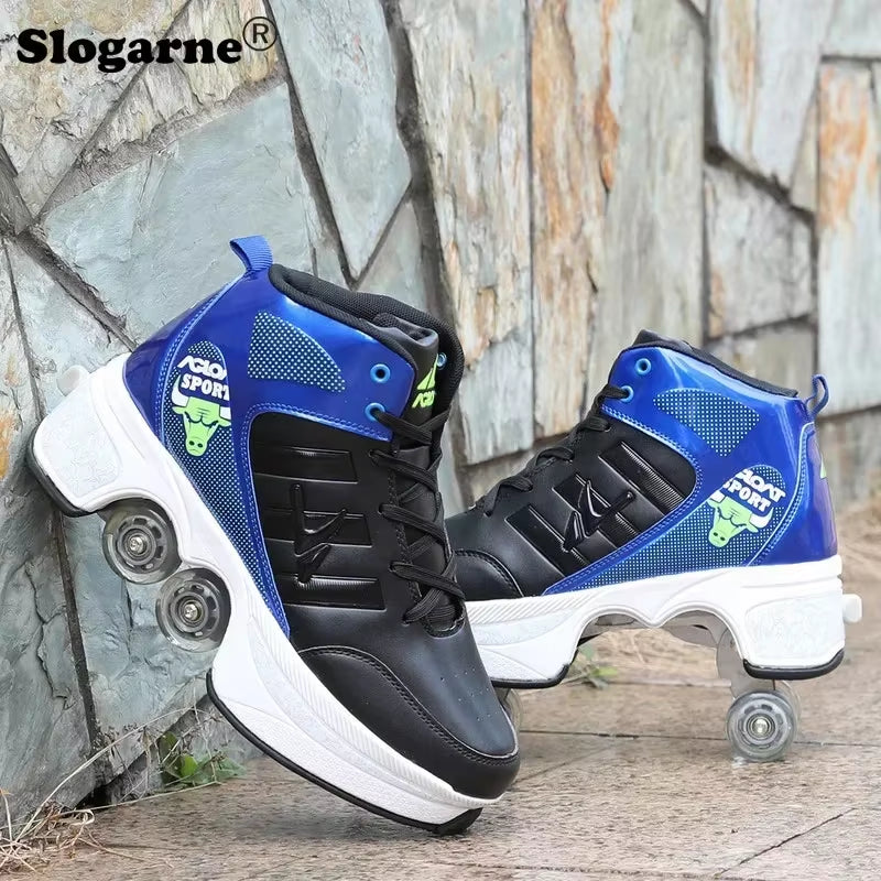 Boy Four Wheels Skate Shoes Double Rows Roller Men Inline Skates Walking Casual Sports Sneakers Kids' Deformation Roller Skates