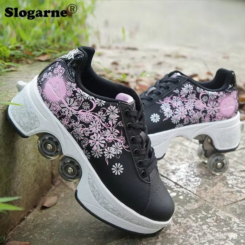 Boy Four Wheels Skate Shoes Double Rows Roller Men Inline Skates Walking Casual Sports Sneakers Kids' Deformation Roller Skates