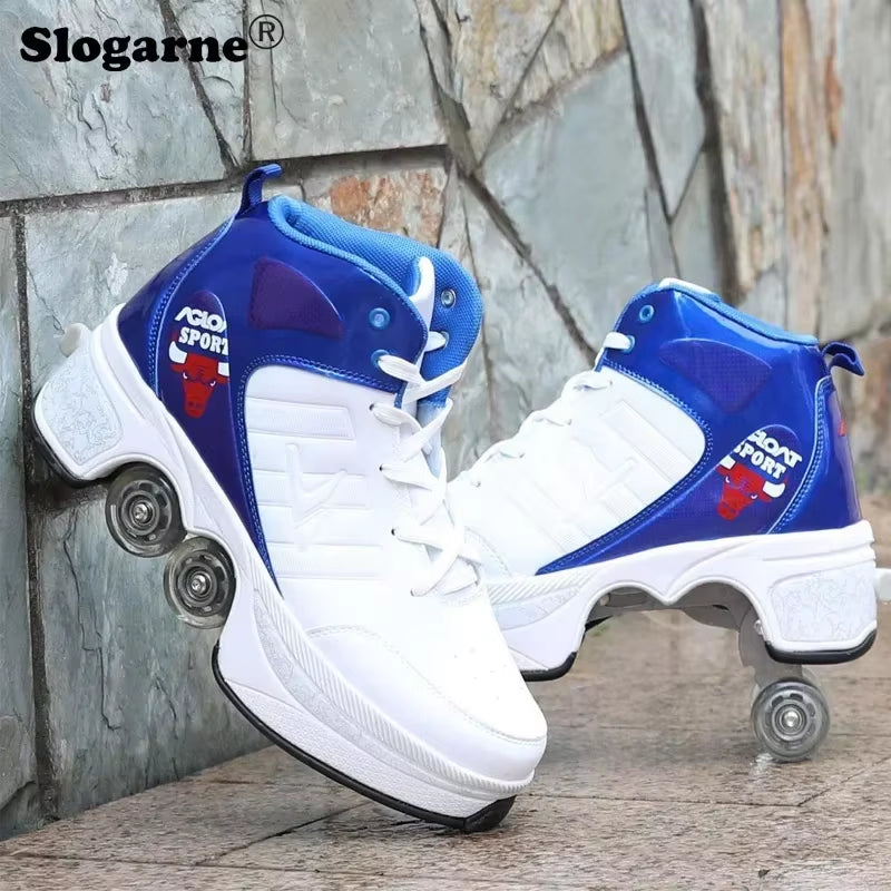 Boy Four Wheels Skate Shoes Double Rows Roller Men Inline Skates Walking Casual Sports Sneakers Kids' Deformation Roller Skates