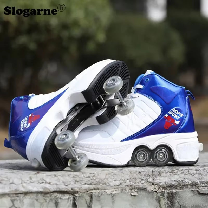 Boy Four Wheels Skate Shoes Double Rows Roller Men Inline Skates Walking Casual Sports Sneakers Kids' Deformation Roller Skates