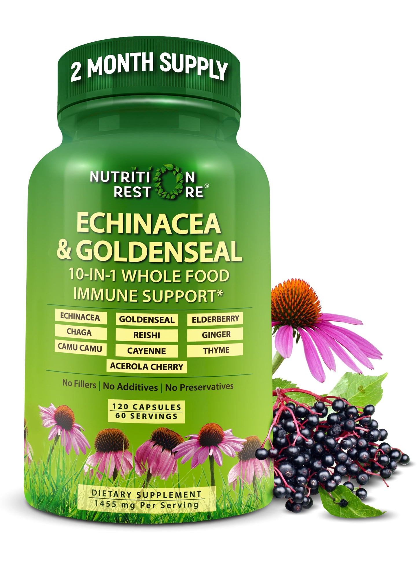 Echinacea Goldenseal Capsules - 10 in 1 Immune Support Supplement - 1455Mg - Vegan Echinacea Capsules Supplement Made with Organic Whole Foods - Herbal Immune System Support - 2 Month Supply