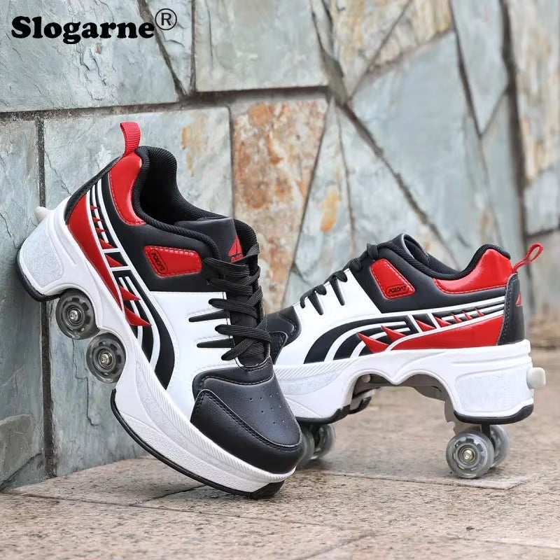 Boy Four Wheels Skate Shoes Double Rows Roller Men Inline Skates Walking Casual Sports Sneakers Kids' Deformation Roller Skates