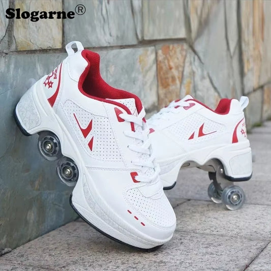 Boy Four Wheels Skate Shoes Double Rows Roller Men Inline Skates Walking Casual Sports Sneakers Kids' Deformation Roller Skates