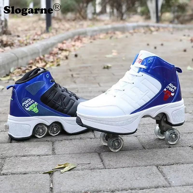 Boy Four Wheels Skate Shoes Double Rows Roller Men Inline Skates Walking Casual Sports Sneakers Kids' Deformation Roller Skates